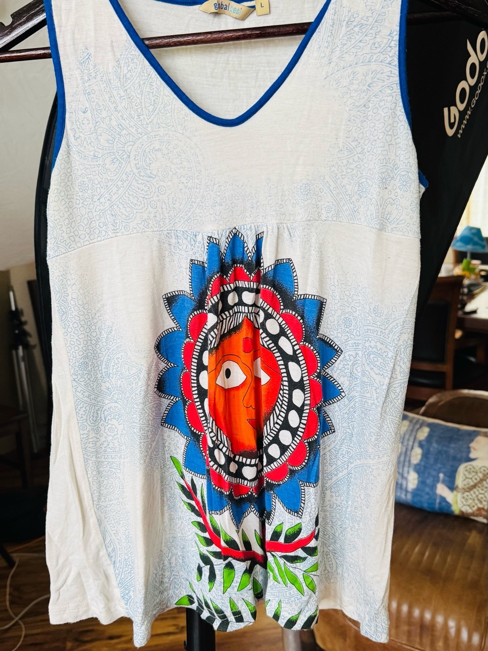 Global Desi White Tank with Blue Trim and Orange Floral Medallion